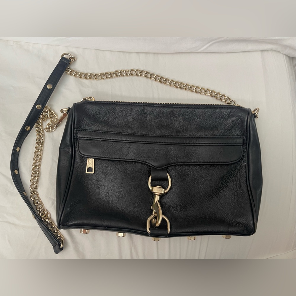 Black Leather Crossbody Bag with Gold Chain Accent